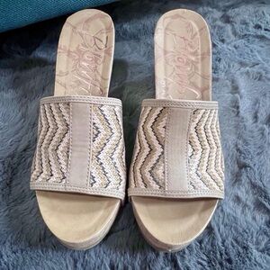 Blowfish Malibu Shoes Chevron Woven Cork Tan Platform Wedge Slides Size 8.5